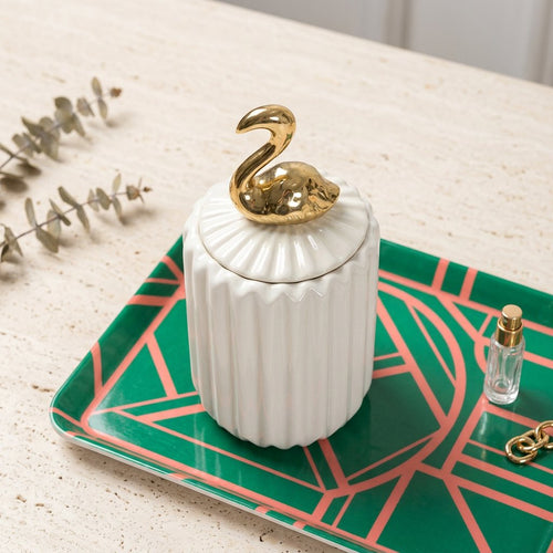 Slim Ceramic Vanity Jar with Gold Flamingo Handle