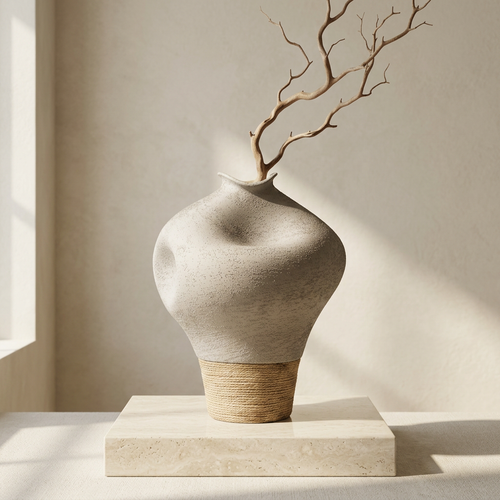 Matte Grey Vase with Woven Jute Base