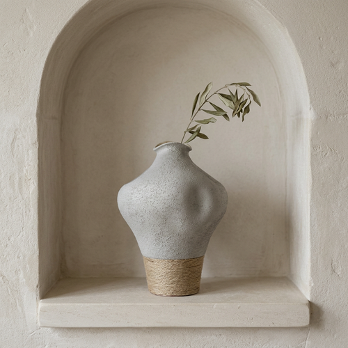 Matte Grey Vase with Woven Jute Base