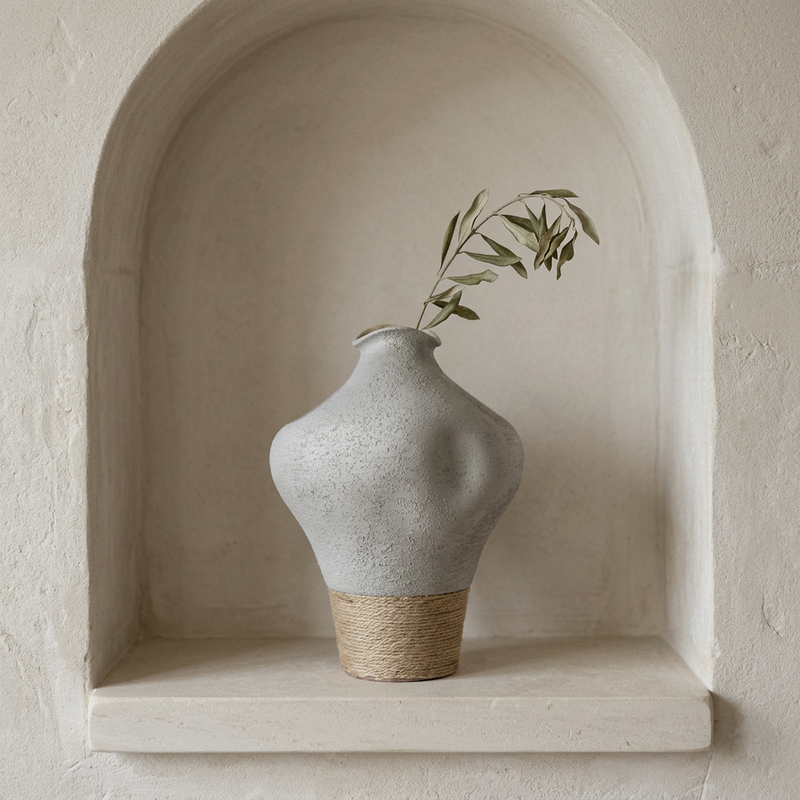 Matte Grey Vase with Woven Jute Base
