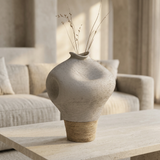 Matte Grey Vase with Woven Jute Base