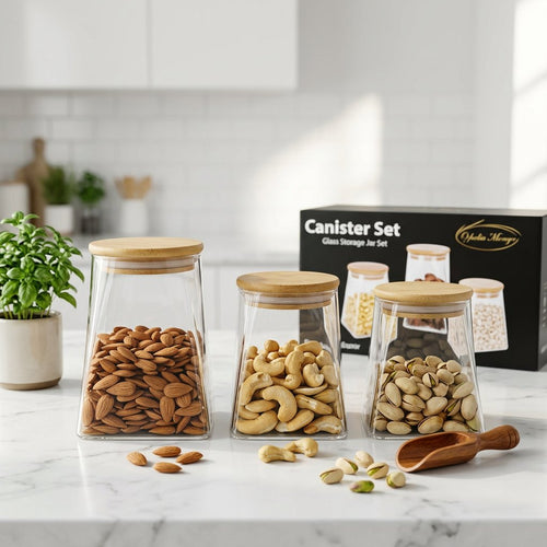 Pyramid Glass Storage Jar Set with Airtight Bamboo Lids