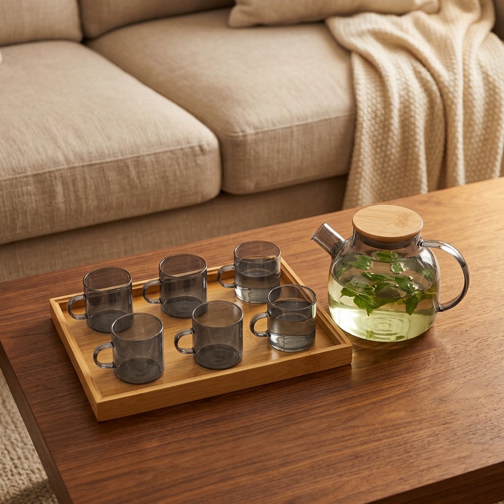 Kyoto Smoke Glass Pot & Cup Set with Tray 8 Piece