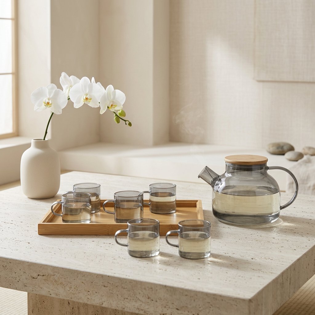 Kyoto Smoke Glass Pot & Cup Set with Tray 8 Piece