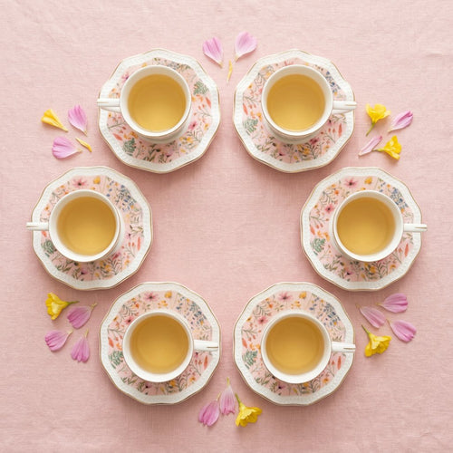 Gold Trimmed Floral Teacup & Saucer Set of 6