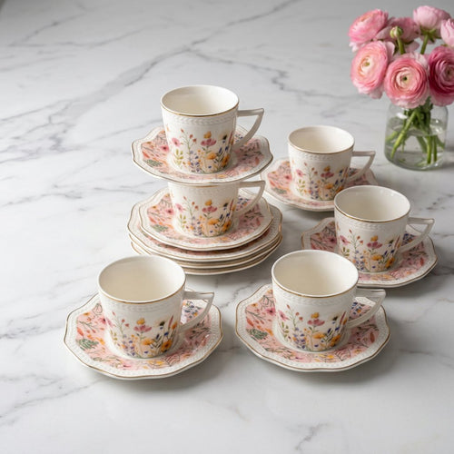Gold Trimmed Floral Teacup & Saucer Set of 6