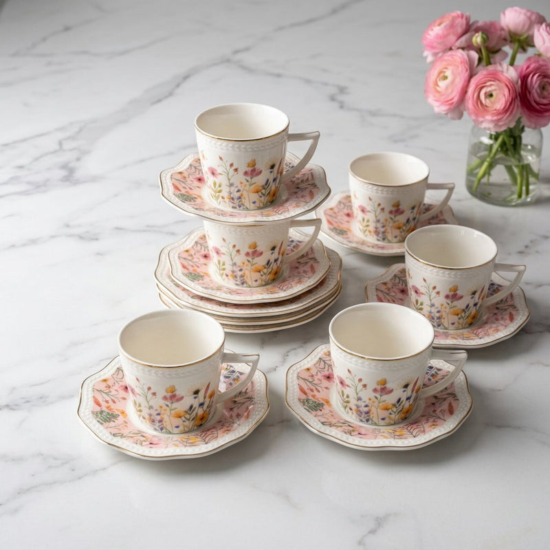 Gold Trimmed Floral Teacup & Saucer Set of 6