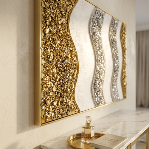 Luxury Crushed Quartz, Gold Leaf, and Textured Wave Collage