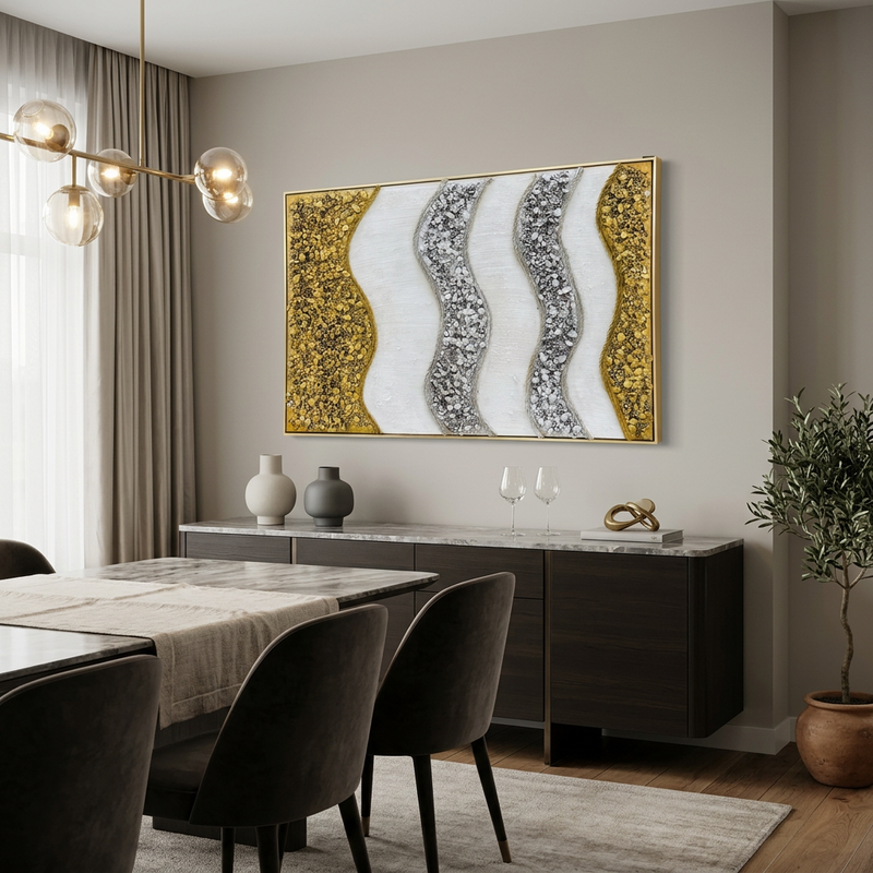 Luxury Crushed Quartz, Gold Leaf, and Textured Wave Collage
