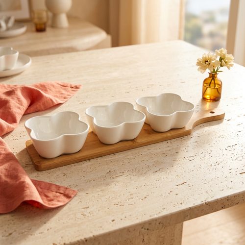 Modern Trio Snack Bowls with Wooden Serving Tray