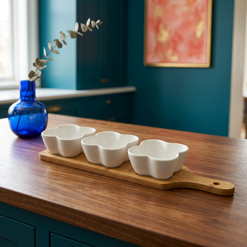 Modern Trio Snack Bowls with Wooden Serving Tray