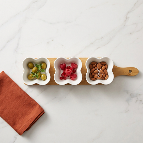Modern Trio Snack Bowls with Wooden Serving Tray