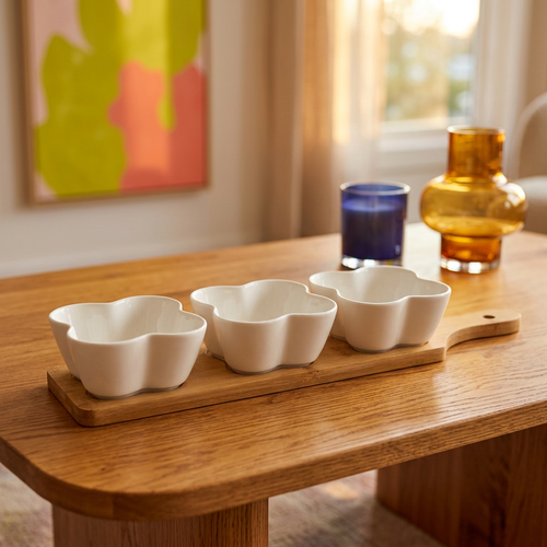 Modern Trio Snack Bowls with Wooden Serving Tray