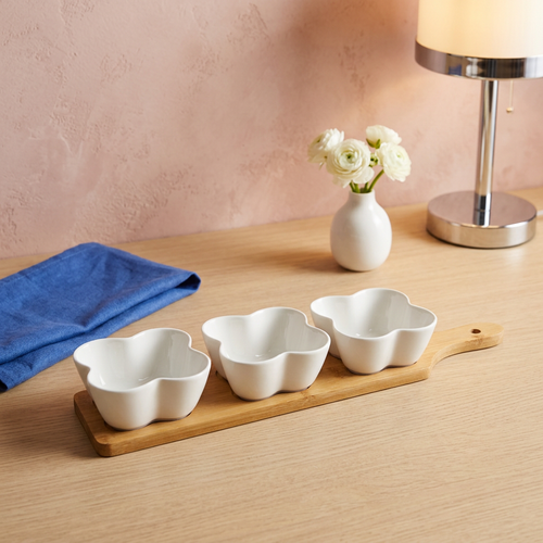 Modern Trio Snack Bowls with Wooden Serving Tray
