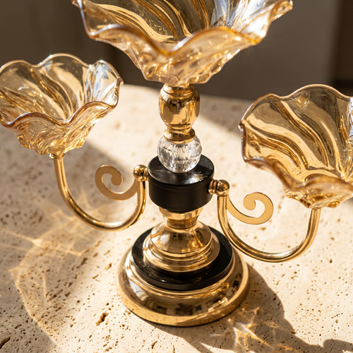 Elegant 3 Bowl Gold & Amber Glass Serving Stand