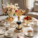 Elegant 3 Bowl Gold & Amber Glass Serving Stand