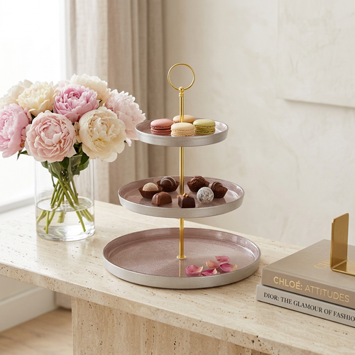 Spiral Textured 3-Tier Dessert Platter with Ring Handle