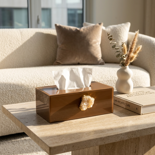 Modern Brown Tissue Box Holder with Agate Gemstone
