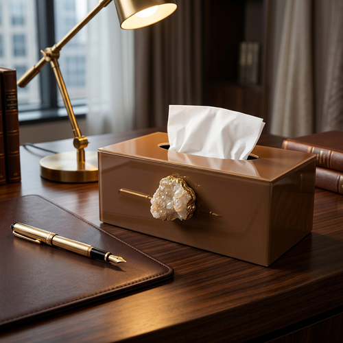 Modern Brown Tissue Box Holder with Agate Gemstone