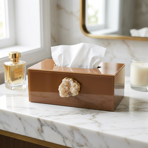 Modern Brown Tissue Box Holder with Agate Gemstone