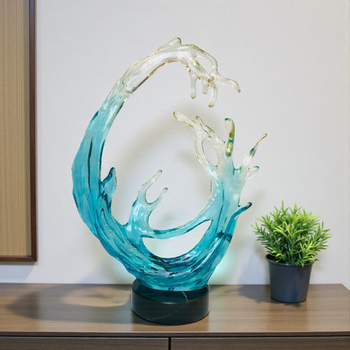 Elegant Crystal Wave Sculpture on Marble Base – Ocean Inspired Décor