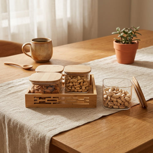 Glass Kitchen Canister Set with Bamboo Lids and Tray