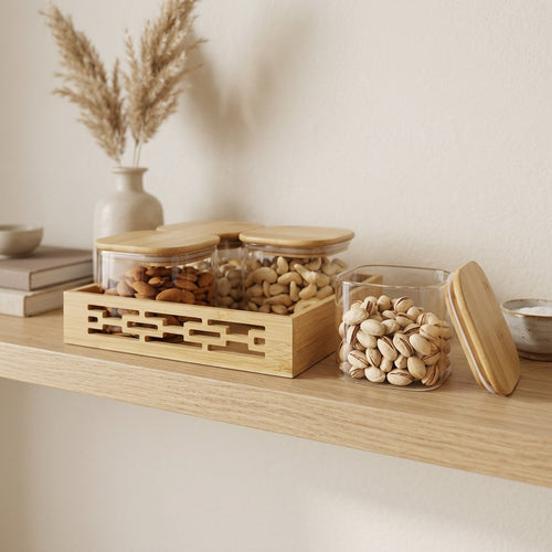 Glass Kitchen Canister Set with Bamboo Lids and Tray