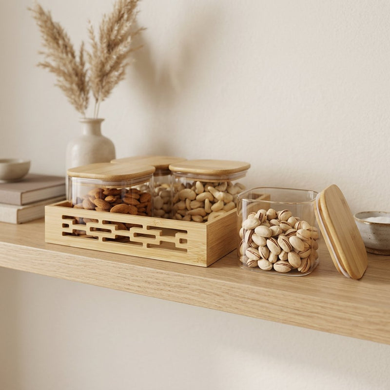 Glass Kitchen Canister Set with Bamboo Lids and Tray