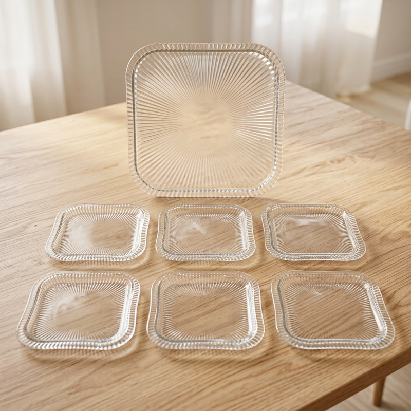 Fluted Crystal Glass Serving Tray Set of 7