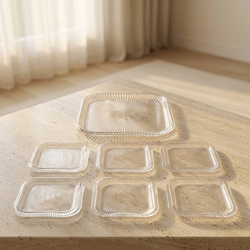 Fluted Crystal Glass Serving Tray Set of 7