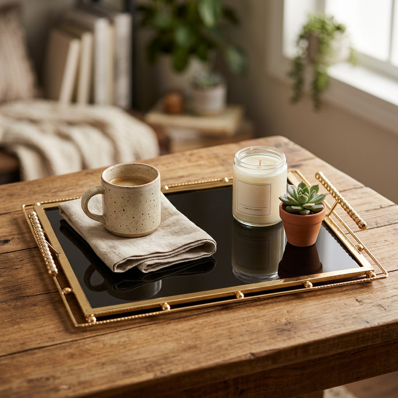 Gold & Black Glass Decorative Serving Tray