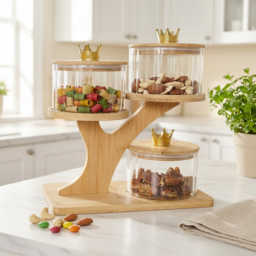 3-Tier Glass Canister Set with Wooden Tree Stand