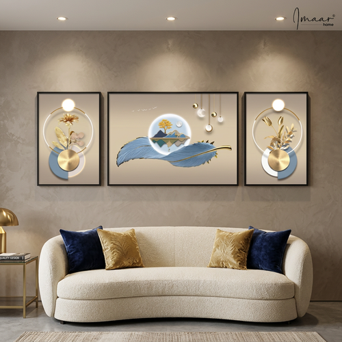 Celestial Feather & Golden Bloom 3D Canvas Art Set of 3