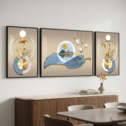 Celestial Feather & Golden Bloom 3D Canvas Art Set of 3