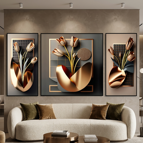 Gilded Tulip Symphony 3D Relief Wall Art Set of 3