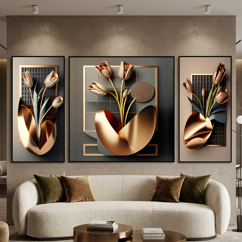 Gilded Tulip Symphony 3D Relief Wall Art Set of 3