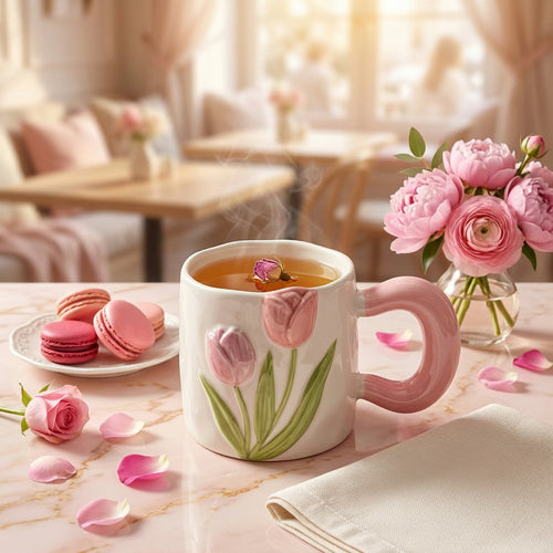 3D Embossed Tulip Ceramic Coffee Mug