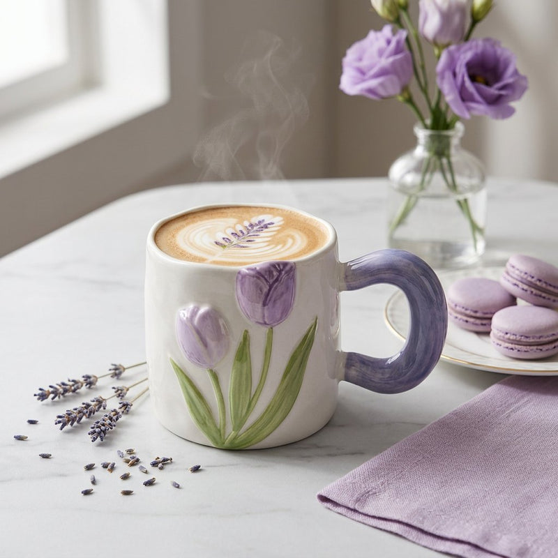 3D Embossed Tulip Ceramic Coffee Mug