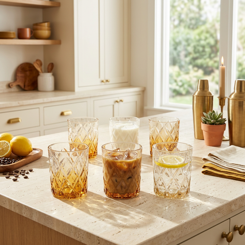 Warm Honey Diamond Cut Glass Set of 6