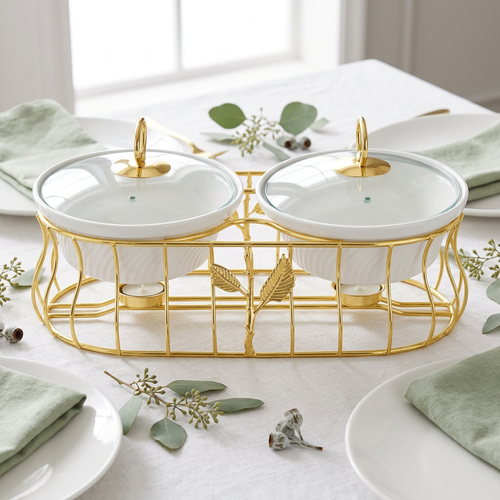 Imperial Dual-Bowl Ceramic Serving Dish Set with Gold Metallic Rack