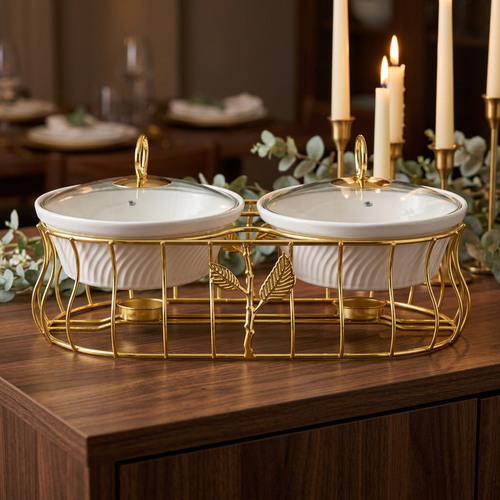 Imperial Dual-Bowl Ceramic Serving Dish Set with Gold Metallic Rack