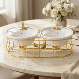 Imperial Dual-Bowl Ceramic Serving Dish Set with Gold Metallic Rack