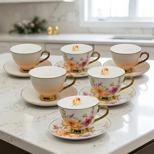 Dual Design Fine Ceramic Cup & Saucer Set of 6