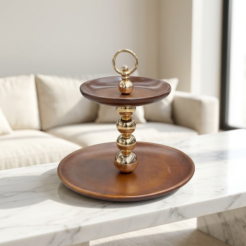 2-Tier Natural Wood & Polished Gold Sphere Serving Platter
