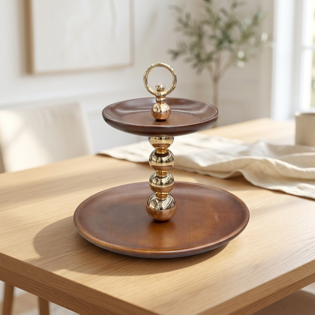 2-Tier Natural Wood & Polished Gold Sphere Serving Platter
