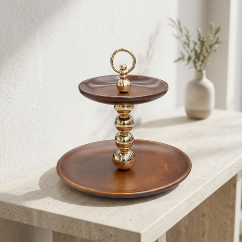 2-Tier Natural Wood & Polished Gold Sphere Serving Platter