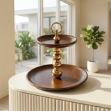 2-Tier Natural Wood & Polished Gold Sphere Serving Platter