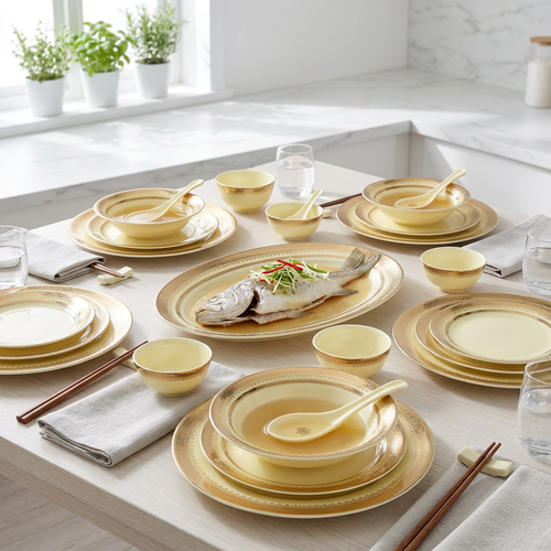Imperial Soft Cream & Textured Gold Rim Dinnerware Set 35 Pcs