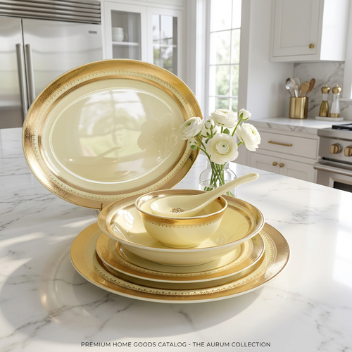 Imperial Soft Cream & Textured Gold Rim Dinnerware Set 35 Pcs