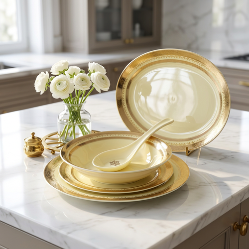 Imperial Soft Cream & Textured Gold Rim Dinnerware Set 35 Pcs